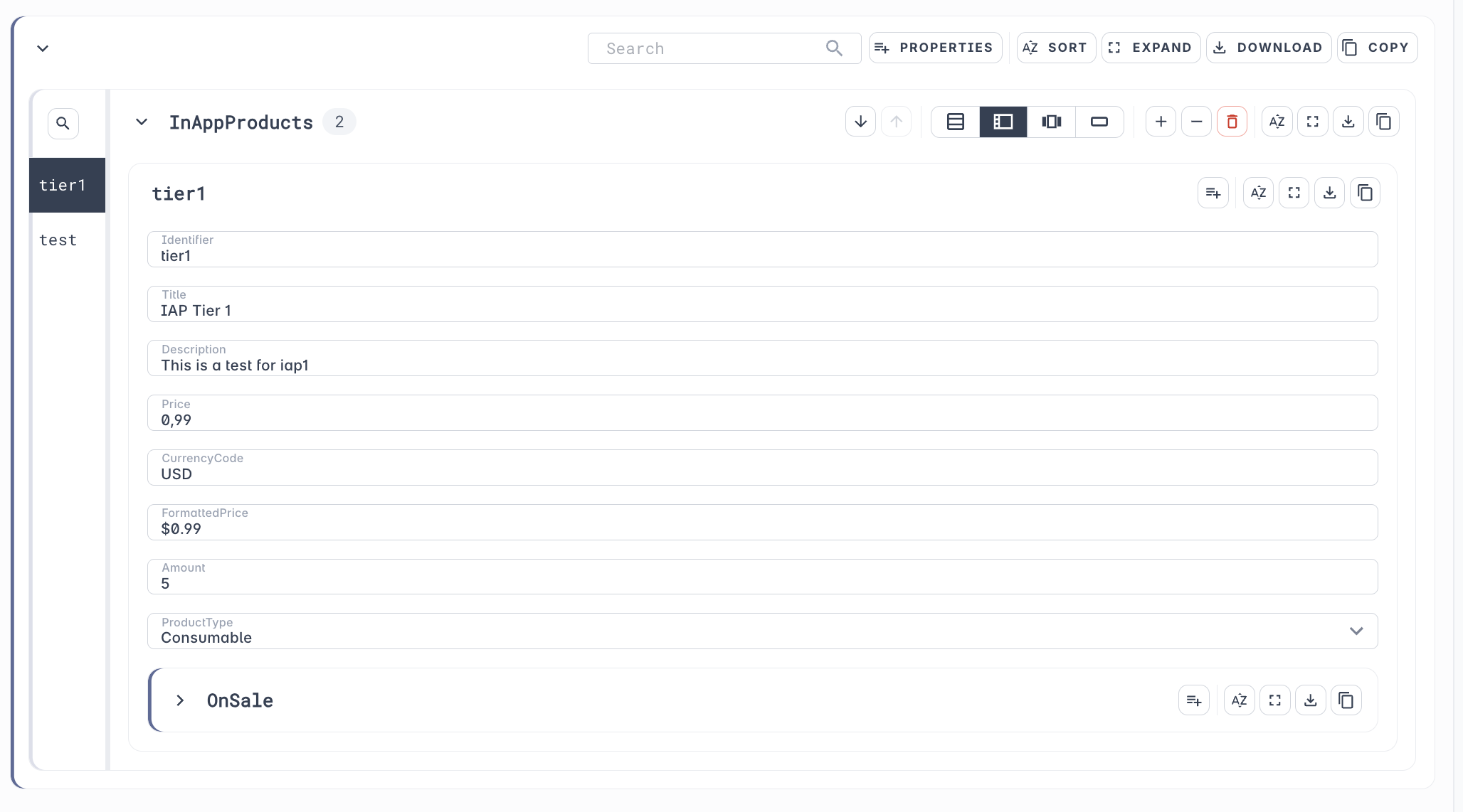 The IAPConfig module on the Live Ops Dashboard, with the product tier1 open in InAppProducts