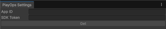 The PlayOps Settings window with App ID and SDK Token fields and a Get button